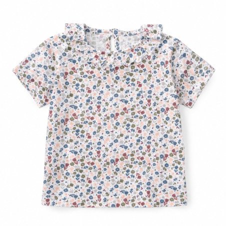 Bluse med blomsterprint og flæsekrave råhvid fra Tom & Lisa