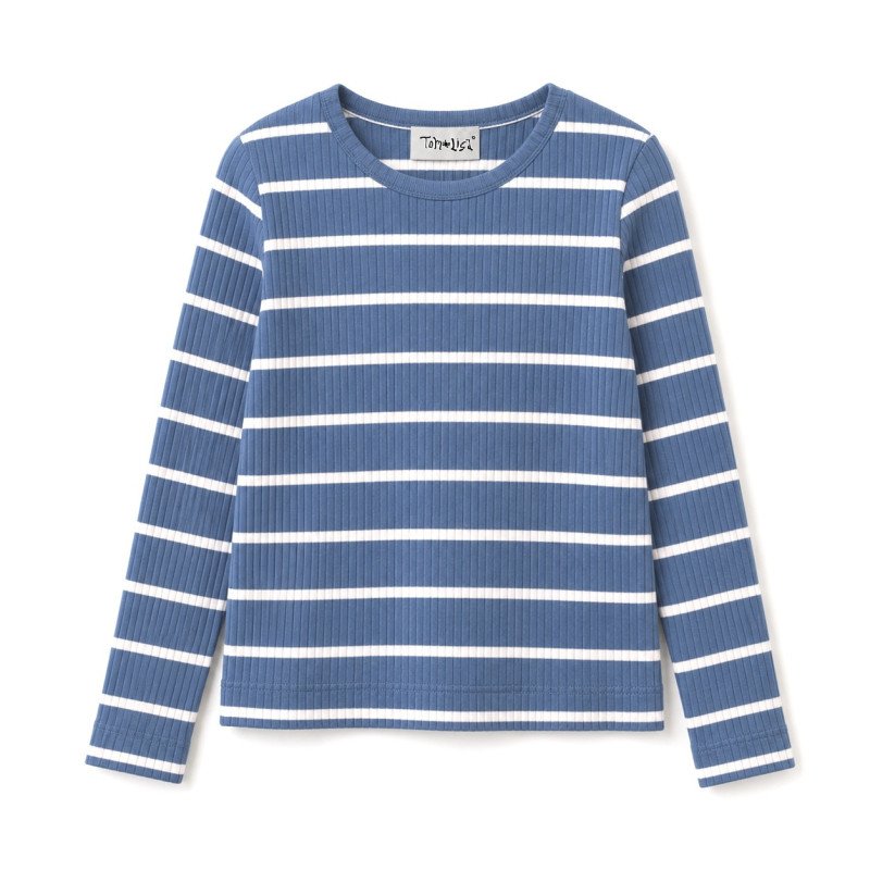 Langærmet ribbluse med striber – Dark Jeans/ecru