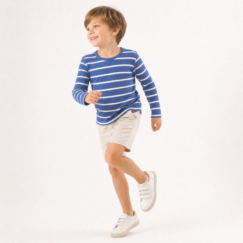 Langærmet ribbluse med striber – Dark Jeans/ecru