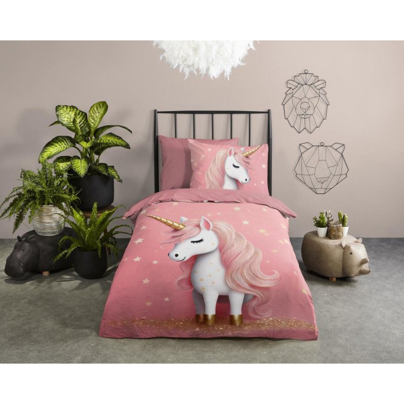 Sengetøj Mandy pink med enhjørning i 100% microfiber