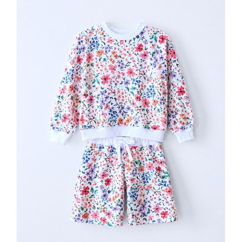 Sæt med sweatshirt og shorts med blomster, Hvid